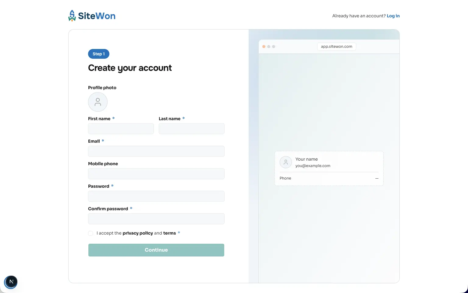 SiteWon platform screenshot preview for step 1: Subscribe and sign in